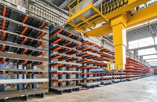 Employing automatic overhead cranes speeds up loading and unloading in warehouses with cantilever racking Employing automatic overhead cranes speeds up loading and unloading in warehouses with cantilever racking