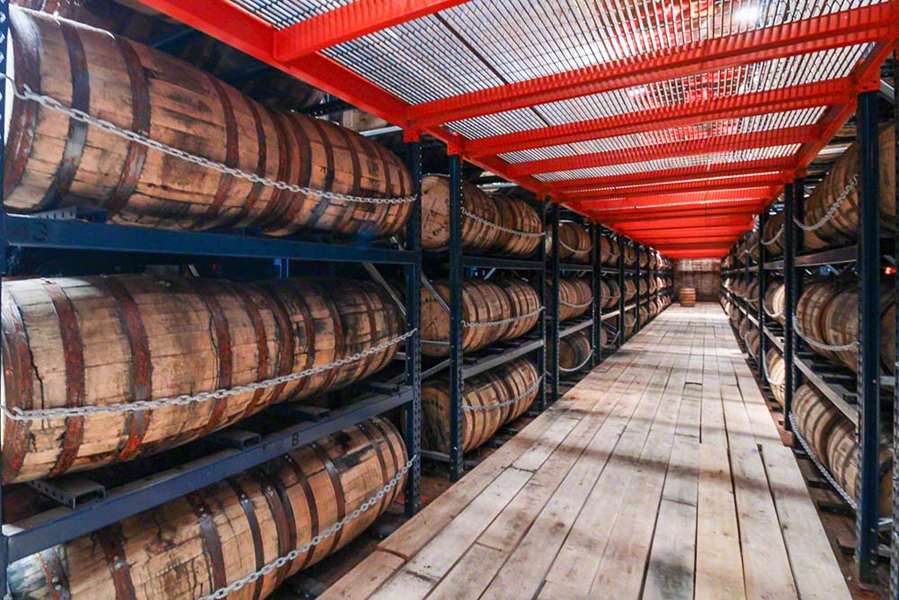 Racking for barrels and casks in Ingram Whiskey’s floating rickhouse