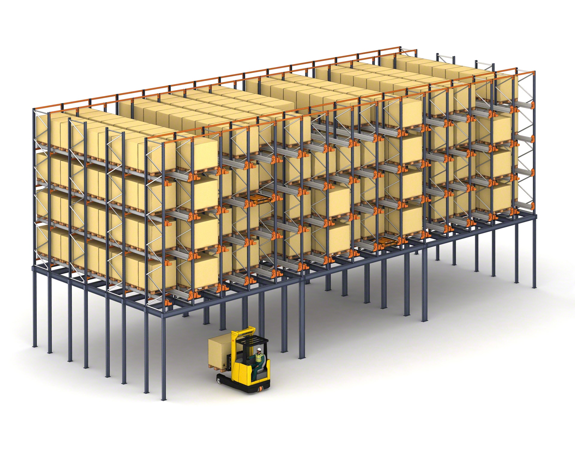 In warehouses with limited space, the Pallet Shuttle system can be installed on a mezzanine floor to maximize the surface