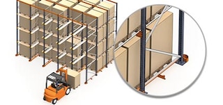 Stiffness via structural drive-in footplate is achieved by anchoring the uprights to the floor