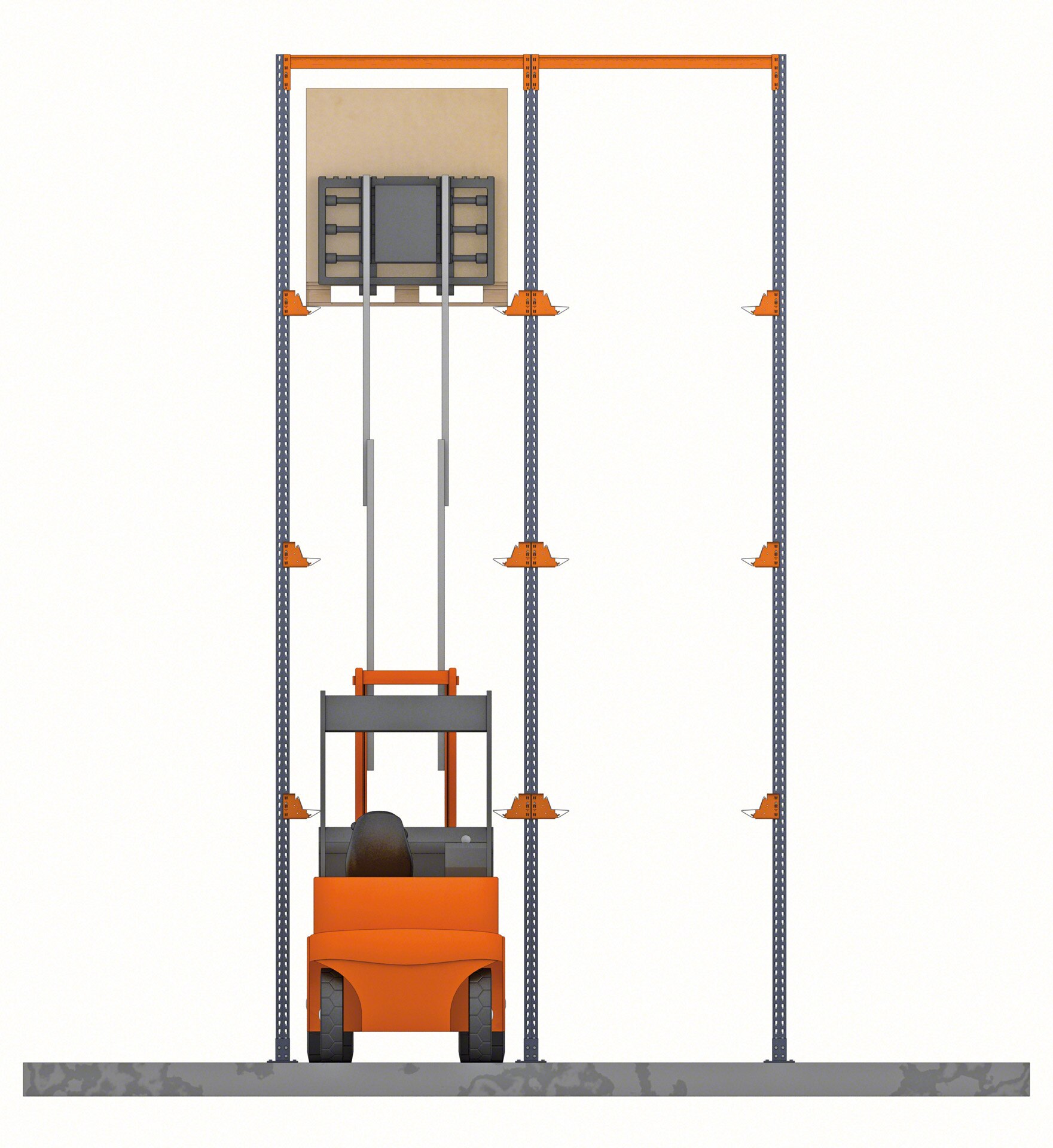 Forklifts circulate inside the aisles of drive-in racking