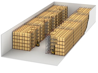 In the drive-in configuration, pallets are stored and retrieved from the same side of the racking