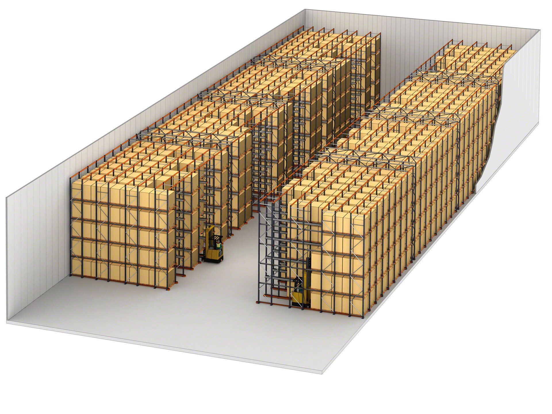 In the drive-in configuration, pallets are stored and retrieved from the same side of the racking