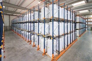 In drive-through racking, pallets are loaded and unloaded in different aisles