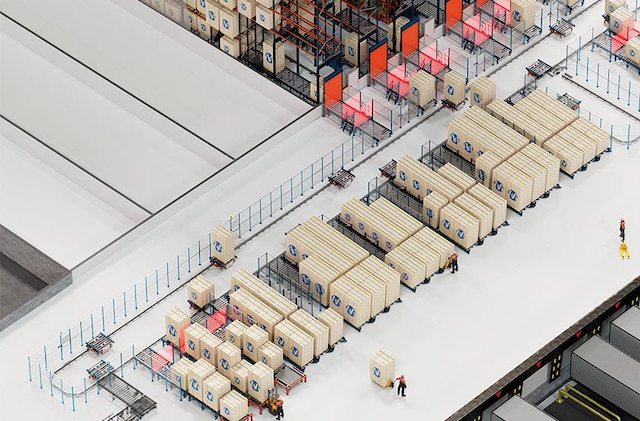 The electric monorail system consists of self-propelled trolleys that transport pallets The electric monorail system consists of self-propelled trolleys that transport pallets