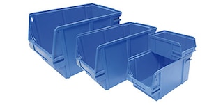 Stackable plastic bins have a front opening to allow for quick identification of goods