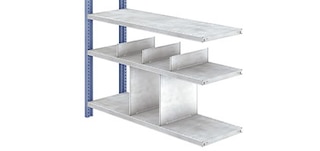 Shelf dividers partition the storage levels of M3 light duty racks