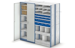 M3 lightweight shelving features a wide array of accessories: doors, dividers, bins, etc.