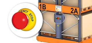 The emergency stop buttons completely stop the operation of the Movirack racks