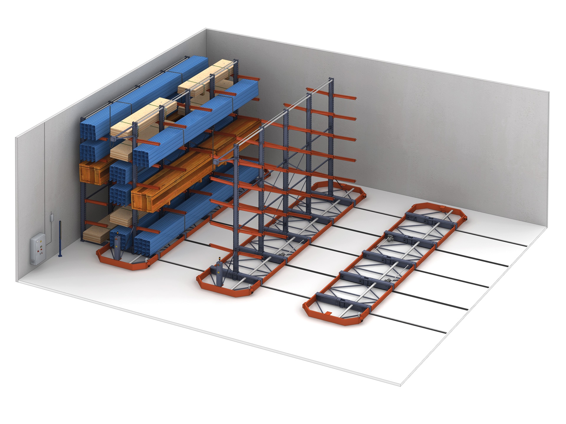 Cantilever racking can be installed on mobile bases to store large and bulky loads