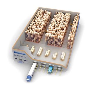 The system can be designed to operate with forklifts in more than one aisle at once but at the cost of capacity