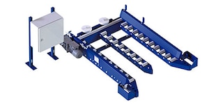 Conveyors with entry/exit guide rails allow for loading and unloading unit loads using pallet trucks