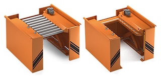 Hydraulic lift tables with rollers raise unit loads from the floor level to the height of the conveyor circuit