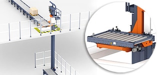 The pallet conveyor lift moves pallets vertically, connecting various levels within a facility