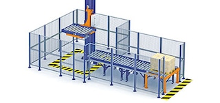 Safety enclosures mark off the pallet conveyor system’s path