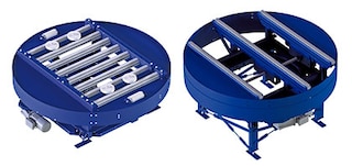 Roller or chain turntable conveyors are used to change the direction of pallets as they move between conveyor lines of the same type