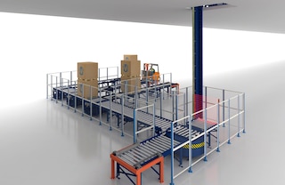 A pallet conveyor lift connects different levels of a facility with the conveyor system