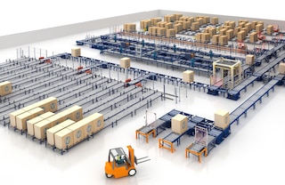 It is possible to create medium to highly complex pallet conveyor systems, integrating basic conveying elements with other specific components