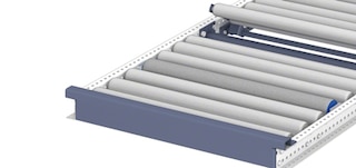 End stops are positioned at the end of each pallet flow rack channel