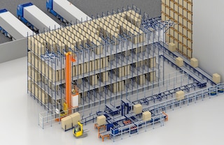 Flow rack systems can be paired with automated solutions such as conveyors and stacker cranes for pallets