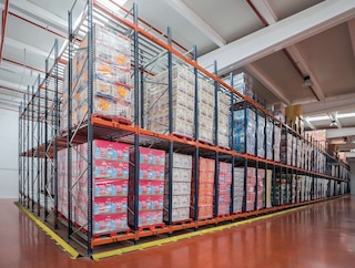Multiple SKUs can be stored in a pallet flow racking system