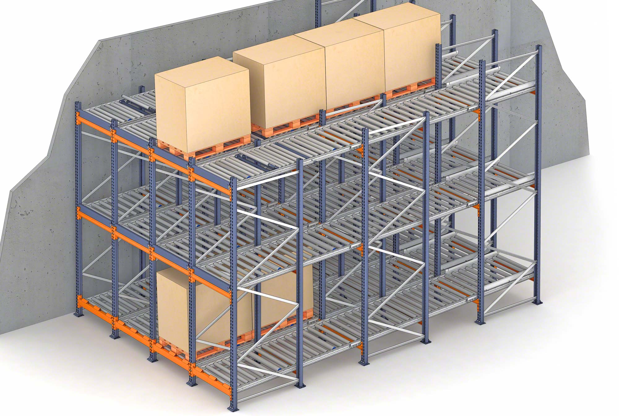 The pallet flow rack is an agile and efficient high-density storage system
