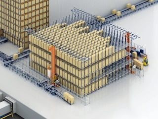 Pallet flow rack unit with stacker cranes in both aisles