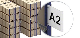 Pallet racks are identified by aisle signs