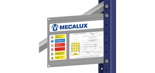 Safe load warning notice on adjustable pallet racking