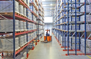 Storage system combining pallet racks with drive-in racking