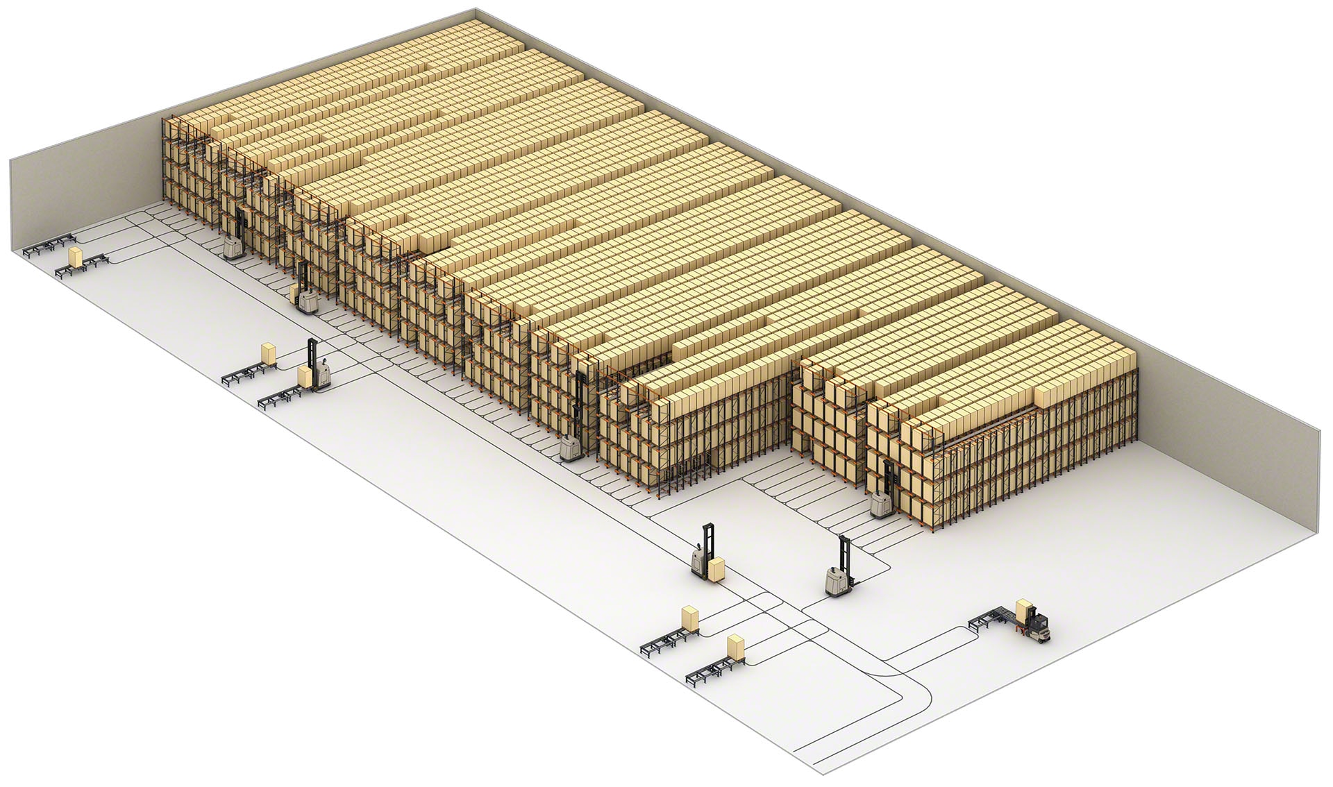 The Pallet Shuttle system can work with AGVs to fully-automate a warehouse