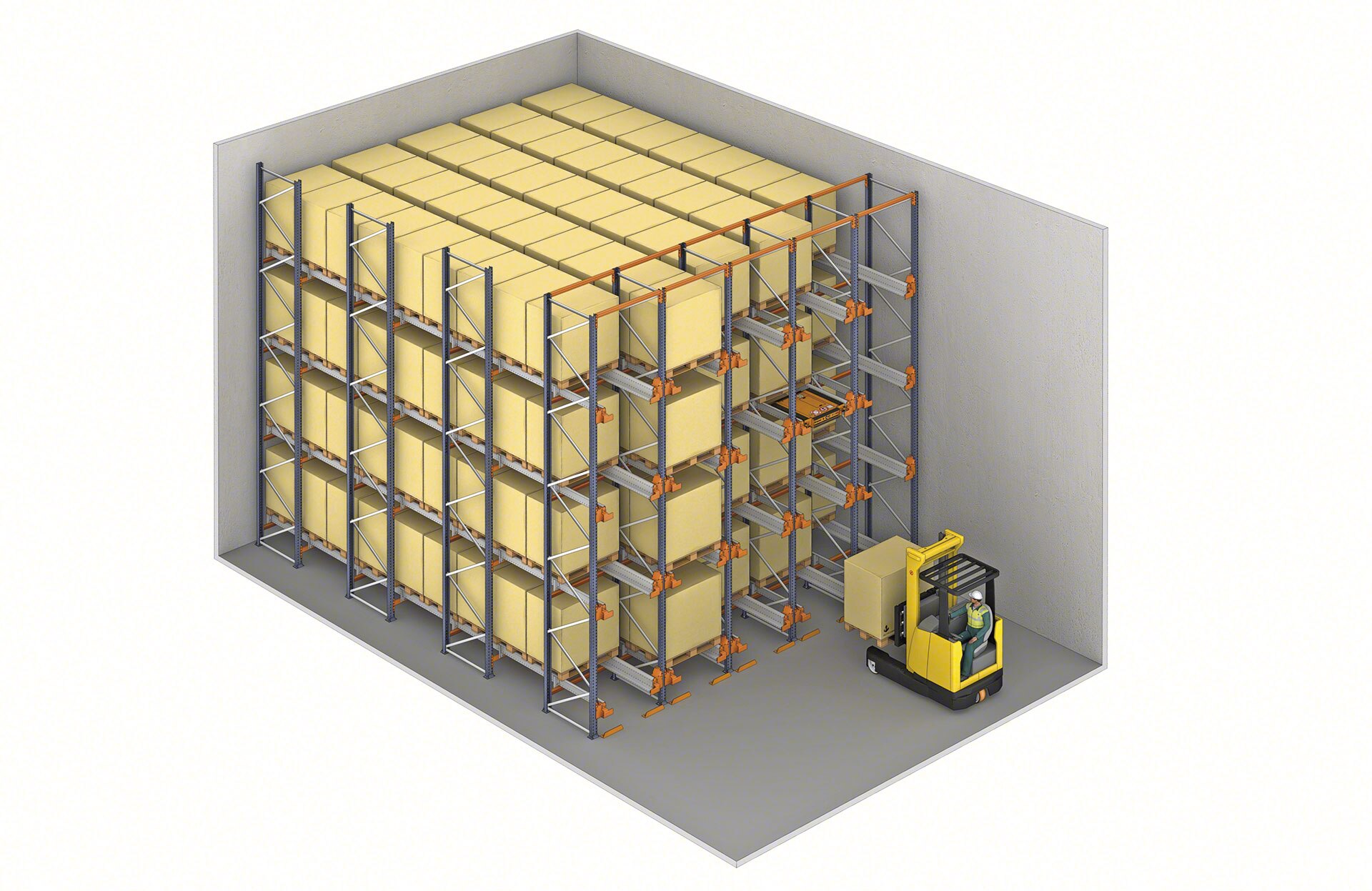 In a shuttle rack system, forklifts need not drive inside the storage lanes