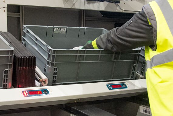 The operator places the products in the corresponding totes on the lower level of the high-performance pick station
