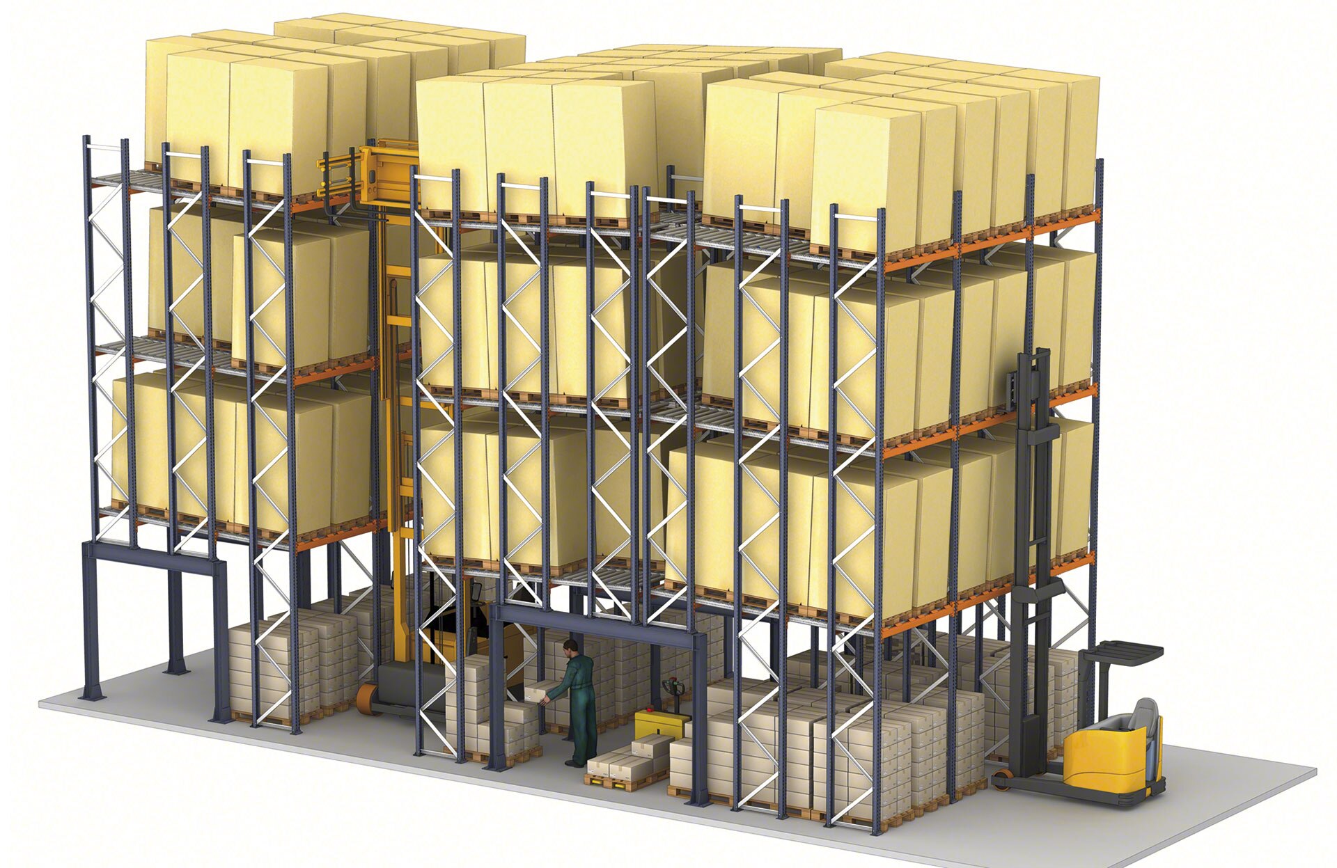 The push-back rack can be combined with lower levels to pick from pallets