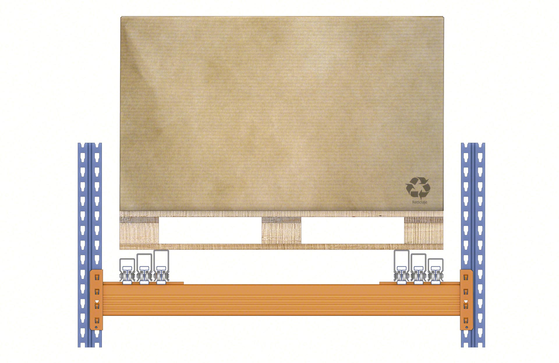 In the configuration with carts, the pallets are supported on the carts except for the last one, which rests on the rails