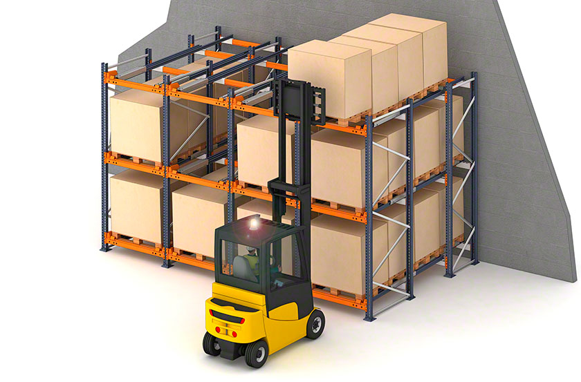 Giá đỡ pallet đẩy lùi là hệ thống lưu trữ tích lũy mật độ cao