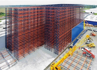 In a clad rack warehouse, the racking forms the internal structure of the building