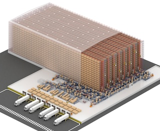 Conveyor systems connect the rack clad warehouse with other areas, such as shipping