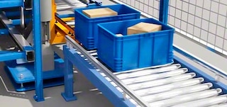 Conveyors connect box lifts with picking stations