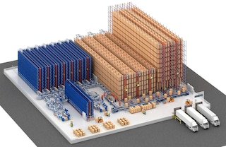 Stacker cranes can be complemented with a miniload system to store boxes and trays