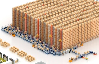 Trilateral stacker cranes are often complemented with a pallet conveyor system set up in the front of the racking