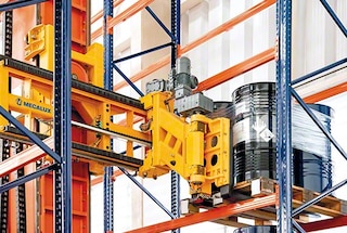 The automated trilateral stacker crane moves to another location to pick another pallet