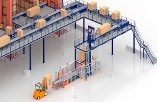 Safety fencing restricts access to the operational area of pallet elevators