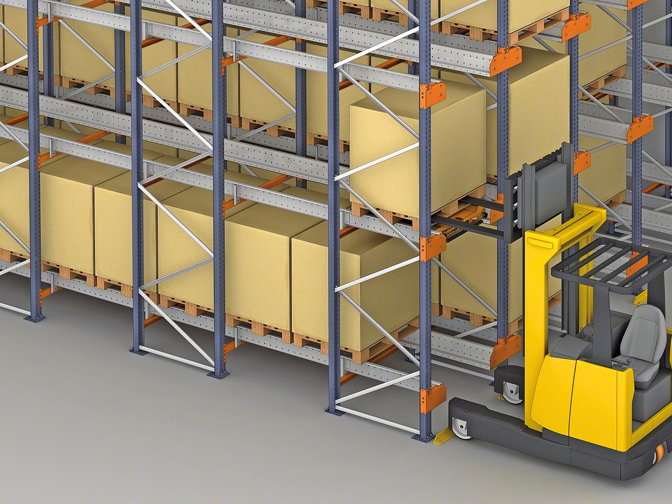 A forklift places pallets one by one in the entrance to the level