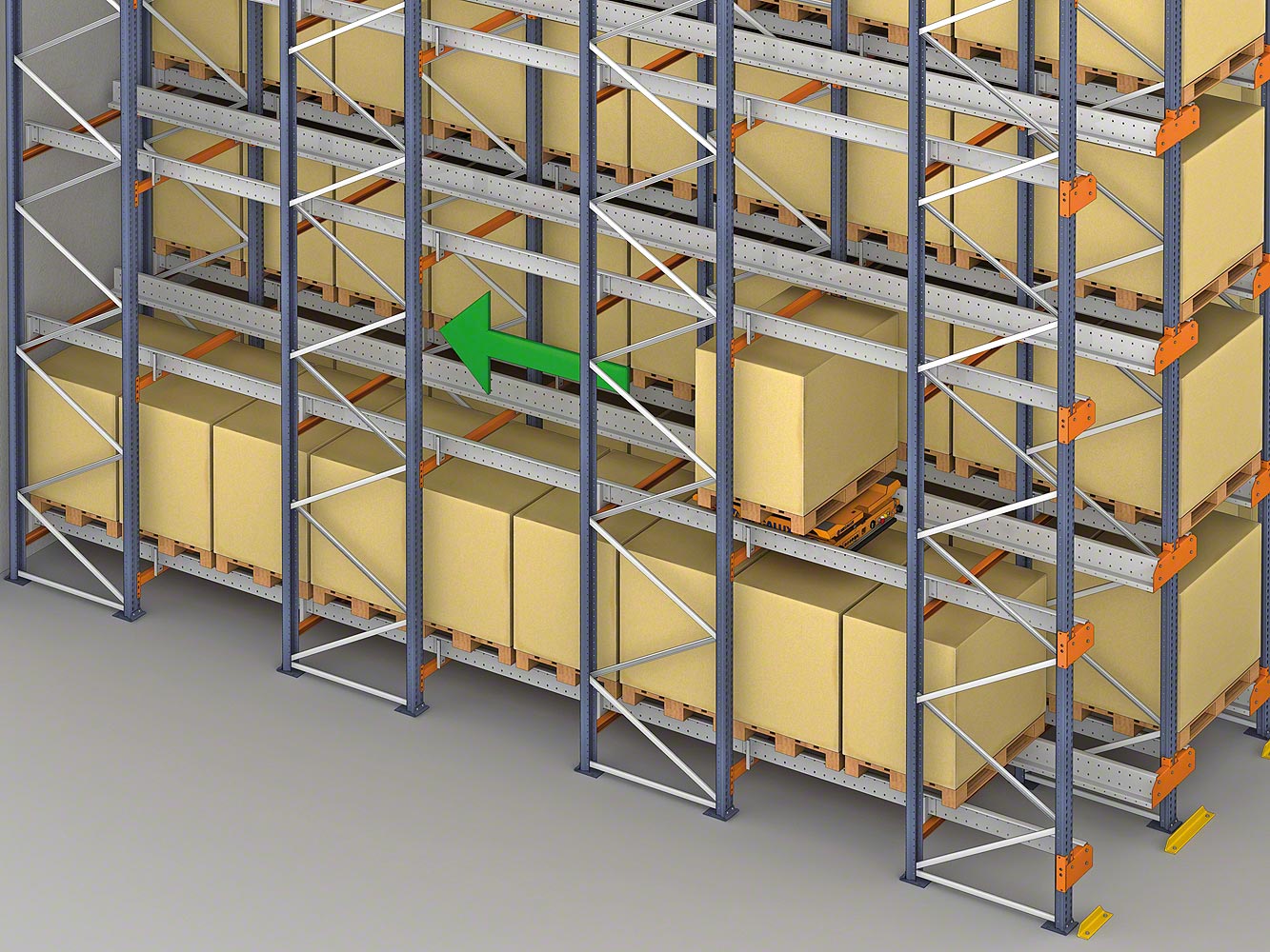The Pallet Shuttle slides the pallets horizontally to the nearest available space
