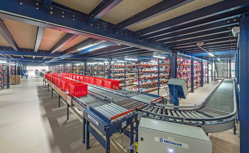 In the second and third floors the conveyor circuit runs along the main aisle