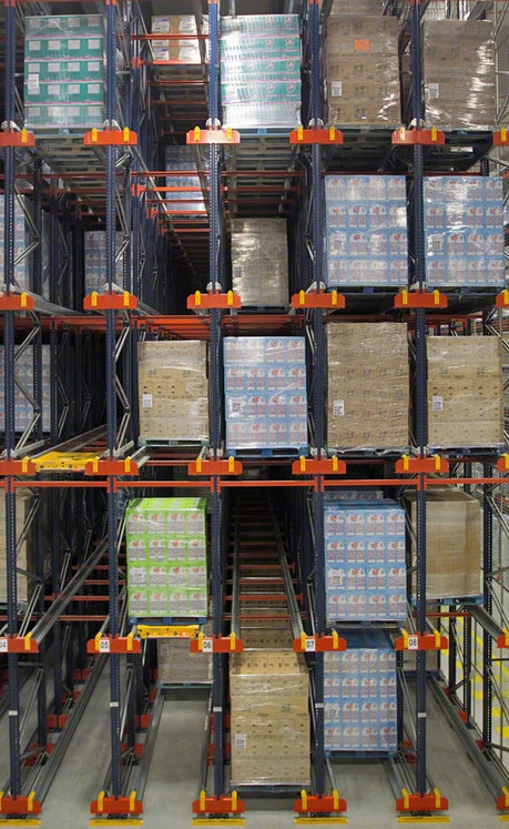 The load moves through the interior of the racking on an electric shuttle controlled from a tablet through a WiFi connection
